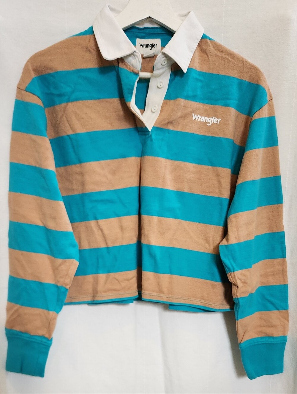 Wrangler Turquoise & Tan Striped Rugby Pullover